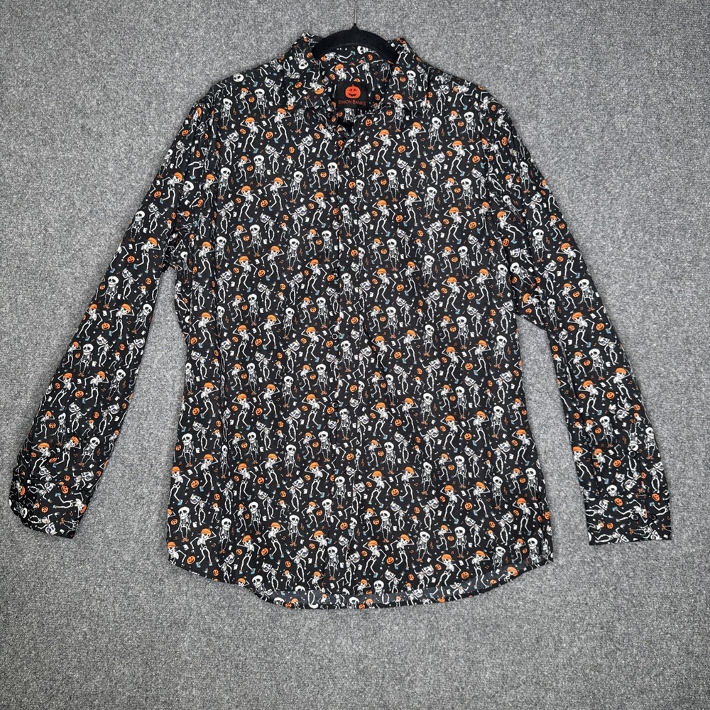 Simon Banks Mens Black Halloween Shirt Size L Dancing Skeletons Jack-O-Lantern